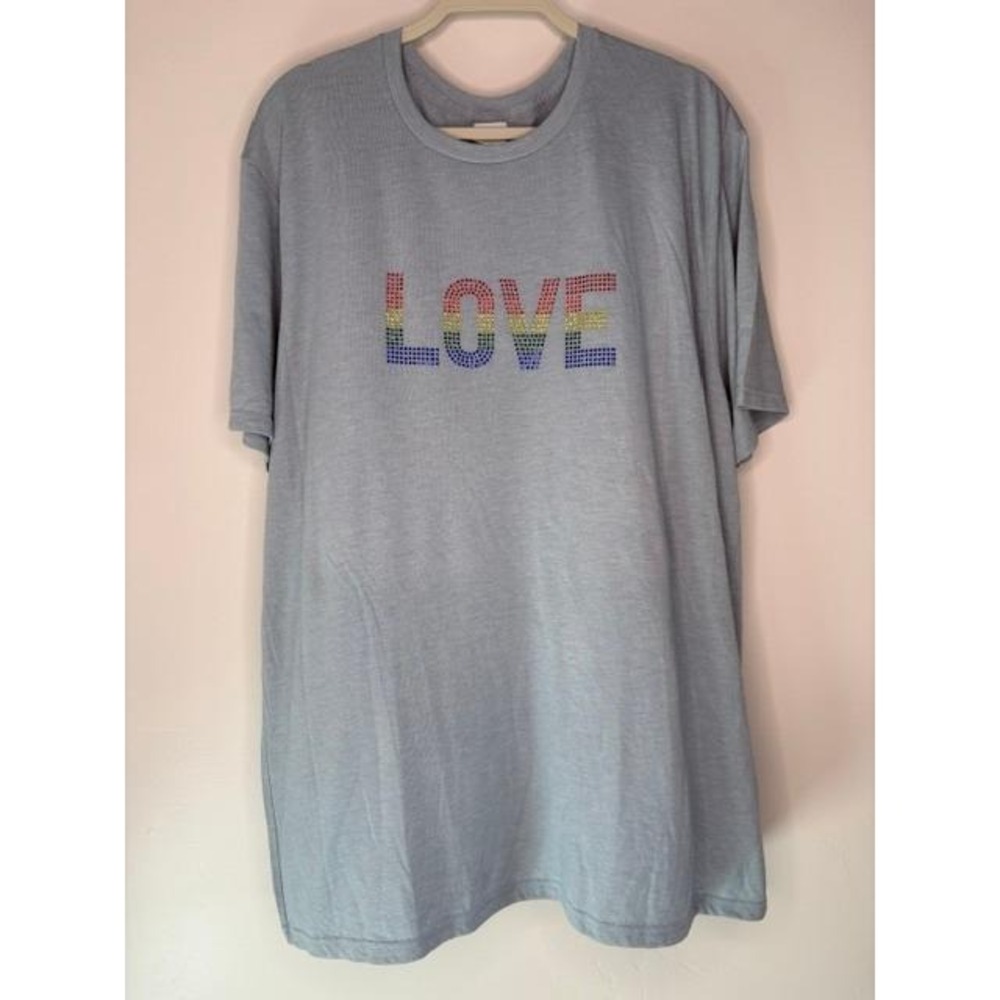 Love Rainbow Rhinestone Graphic Tee‎ Light Blue Short Sleeve T-Shirt S